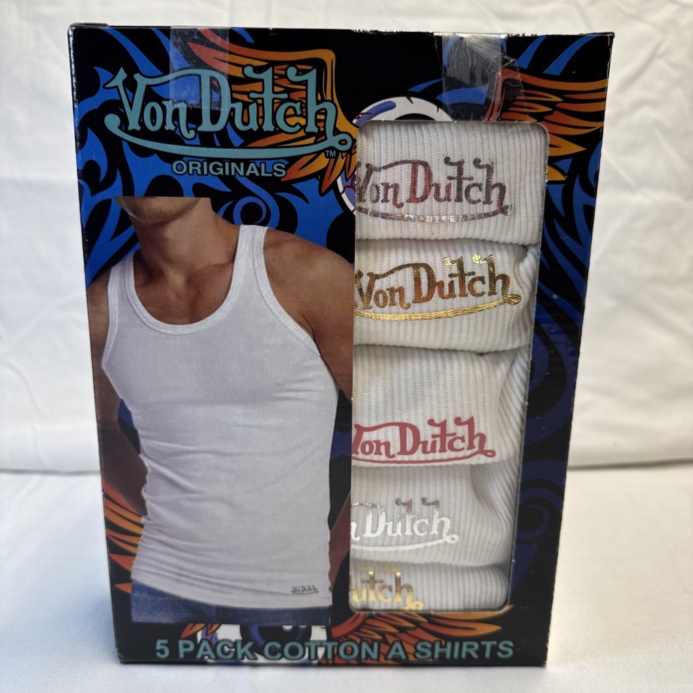 NWT Von Dutch Men's Medium Cotton Ribbed Tanks. White 5 pack With Logo